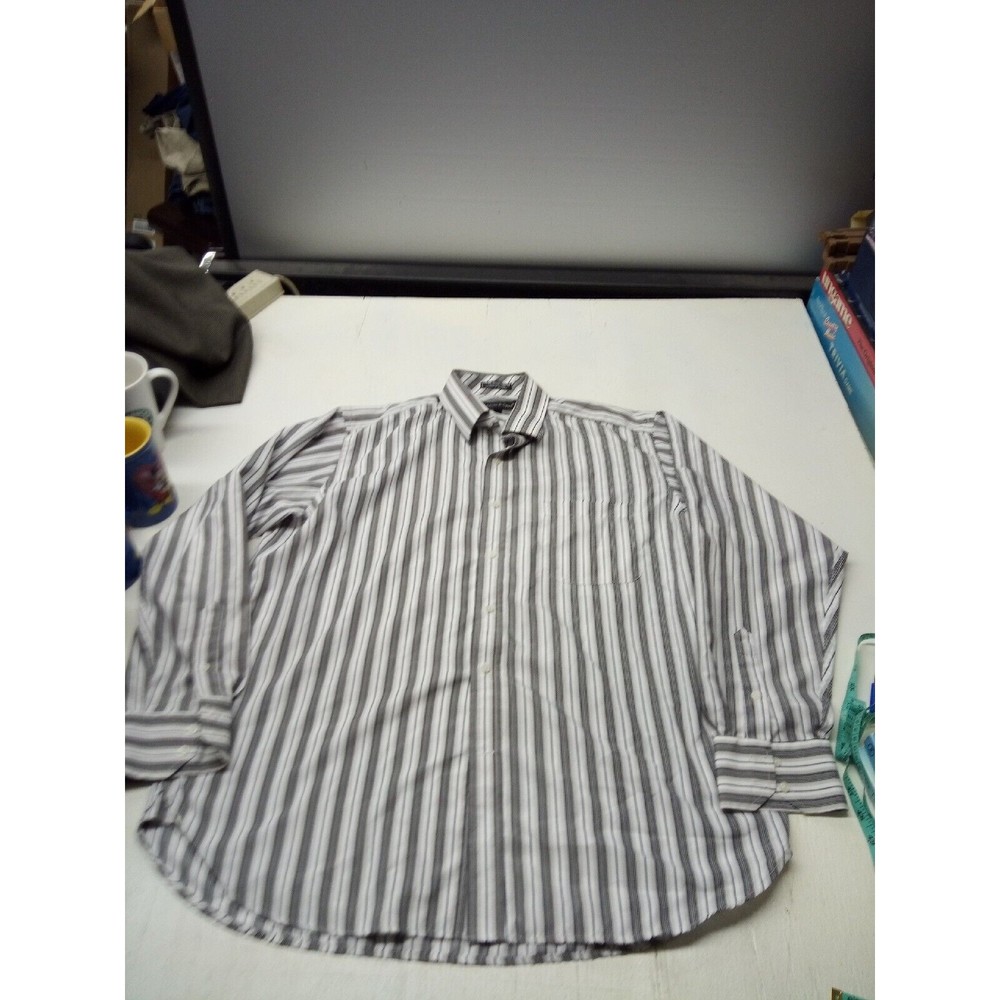 A Adams & Spire Striped Button Front Shirt Sz L Long Sleeve Black White Stripes